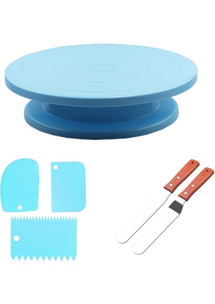 Mavi Set Stili Sıcak ve Plastik Kek Döner Tabla Döner Kek Plastik Hamur Bıçağı Dekorasyon Kremalı Kek Standı Döner Tabla Dıy Pişirme Aracı (Yurt Dışından)
