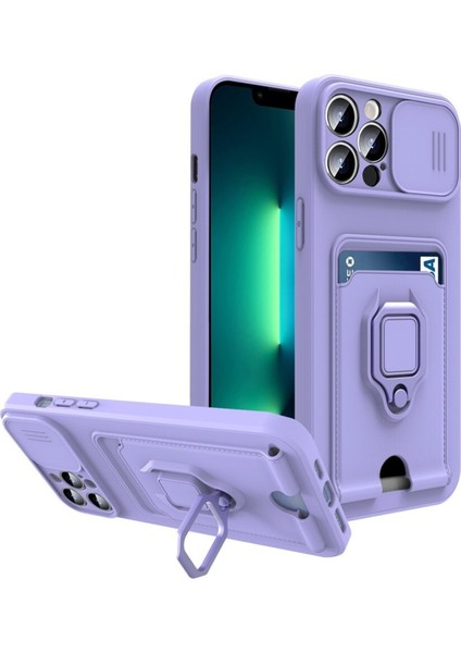 iPhone 13 Pro Max Kılıf Kartlıklı Yüzüklü Ipli Lens Slide Sürgülü Kapaklı
