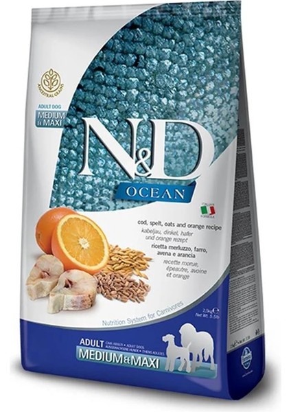 Nd Ocean Medium Maxi Adult Köpek 12KG Az Tahıllı Morina Balığı Buğday Yulaf Portakallı Köpek Maması
