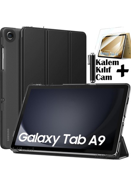 MTK Moveteck Samsung Galaxy Tab A9 8.7 Inç Tablet Kılıfı Akıllı Smart Uyku Modlu Katlanabilir Arkası Şeffaf Standlı Kılıf + Cam + Kalem 3'lü Set SM-X110 X113 X115 X117