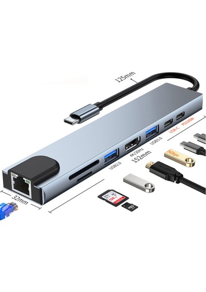 8in1 USB Type-C Hub Port Adaptör Uyumlu HDMI USB Ethernet 100W Pd Girişli