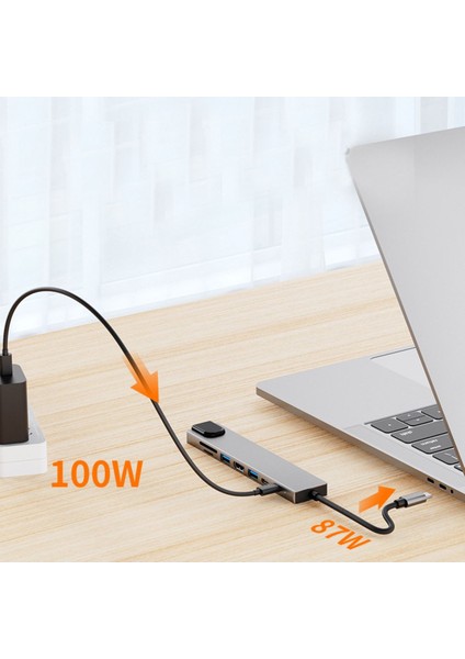 8in1 USB Type-C Hub Port Adaptör Uyumlu HDMI USB Ethernet 100W Pd Girişli