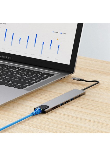 8in1 USB Type-C Hub Port Adaptör Uyumlu HDMI USB Ethernet 100W Pd Girişli