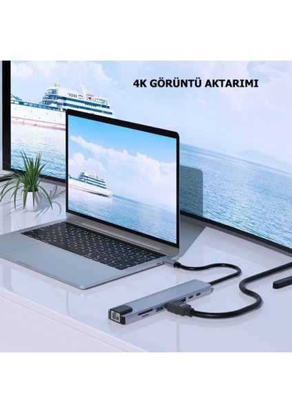 8in1 USB Type-C Hub Port Adaptör Uyumlu HDMI USB Ethernet 100W Pd Girişli