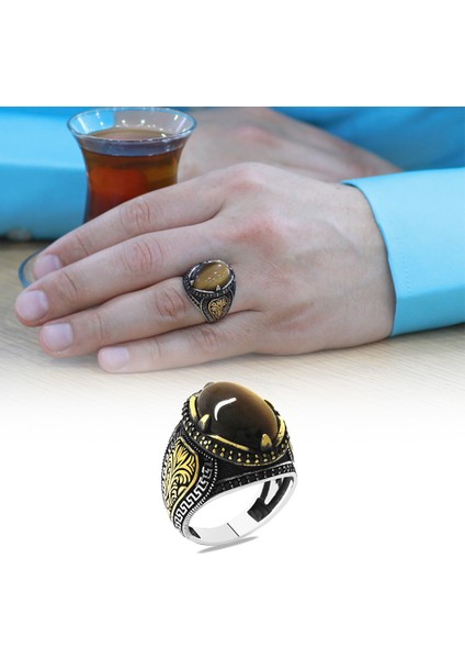 Kaplangözü Taşlı Oval Tasarım Grek Süslemeli 925 Ayar Gümüş Erkek Yüzük fiyatları