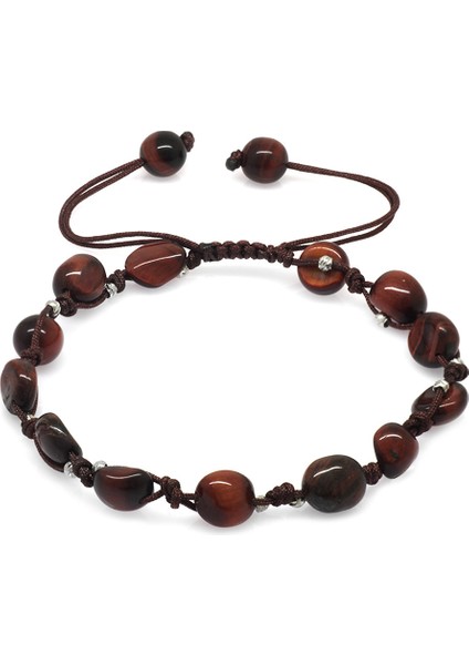 Makrome Örgülü Naturel Kesim Dorika Top Detaylı Koyu Renk Kaplangözü Doğaltaş Erkek Bileklik