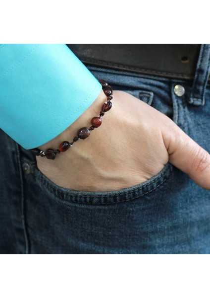 Makrome Örgülü Naturel Kesim Dorika Top Detaylı Koyu Renk Kaplangözü Doğaltaş Erkek Bileklik modelleri