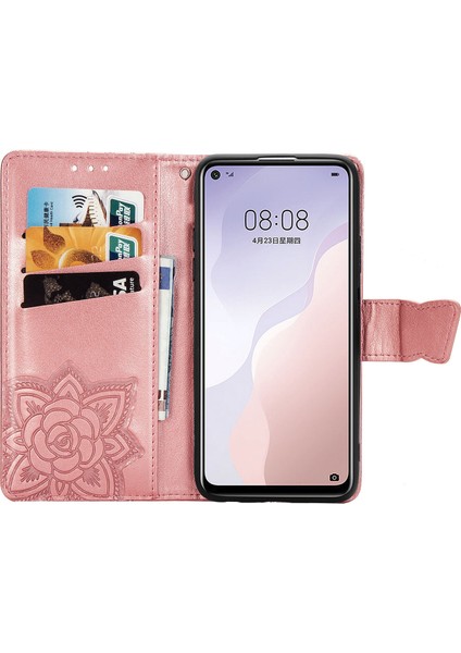 Huawei P40 Lite Kelebek Kanatları Narin Çiçekler Flip Darbeye Deri ile Uyumlu Telefon Kılıfı (Yurt Dışından)
