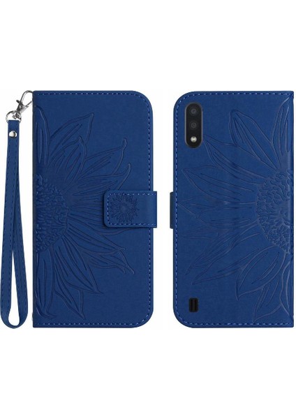 Samsung Galaxy A01 Kabartmalı Ayçiçeği Kısa Kayış ile Lüks Pu Telefon Kılıfı (Yurt Dışından)