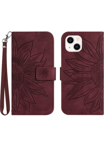 Iphone 13 Mini Flip Cüzdan Pu ile Kabartmalı Ayçiçeği Telefon Kılıfı (Yurt Dışından)
