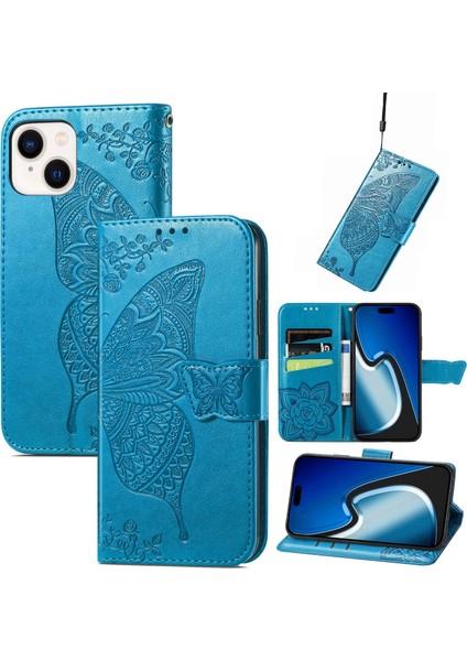 iPhone 15 Plus Kelebek Kanatları Narin Çiçekler Flip Darbeye Deri ile Uyumlu Telefon Kılıfı (Yurt Dışından)