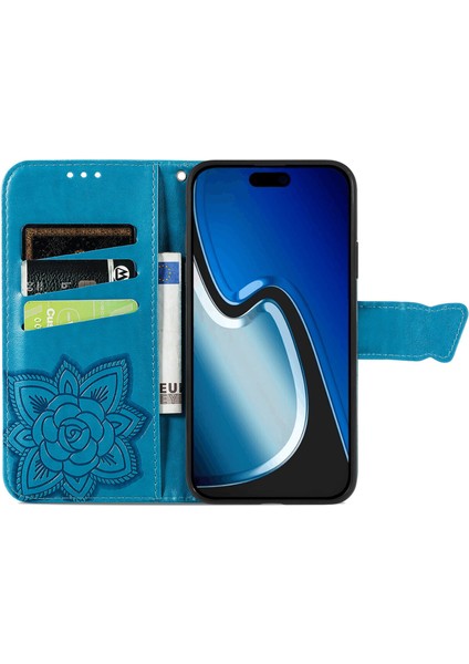 iPhone 15 Plus Kelebek Kanatları Narin Çiçekler Flip Darbeye Deri ile Uyumlu Telefon Kılıfı (Yurt Dışından)