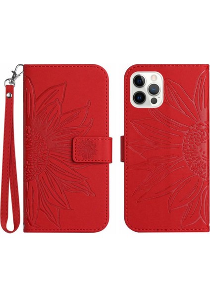 Iphone 12/12 Pro Için Kısa Kayış Flip Cüzdan ile Kabartmalı Telefon Kılıfı (Yurt Dışından)