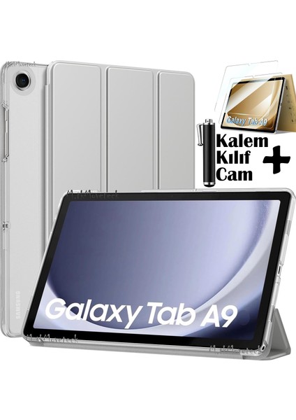 Samsung Galaxy Tab A9 8.7 Inç Tablet Kılıfı Akıllı Smart Uyku Modlu Katlanabilir Arkası Şeffaf Standlı Kılıf + Cam + Kalem 3'lü Set SM-X110 X113 X115 X117