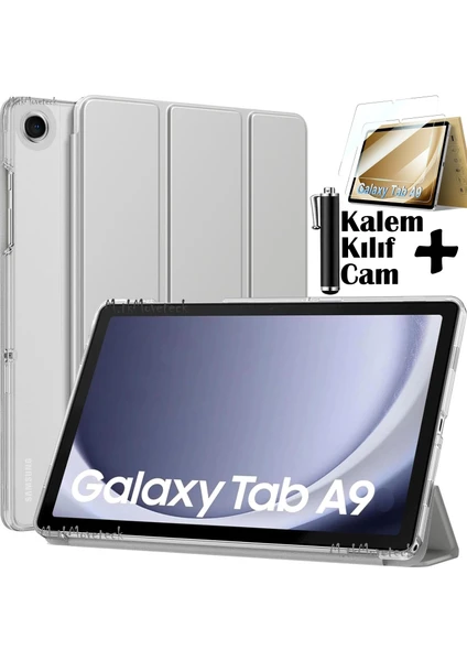 MTK Moveteck Samsung Galaxy Tab A9 8.7 Inç Tablet Kılıfı Akıllı Smart Uyku Modlu Katlanabilir Arkası Şeffaf Standlı Kılıf + Cam + Kalem 3'lü Set SM-X110 X113 X115 X117