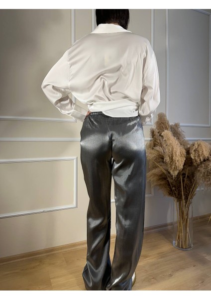 Gri Beli Bağcıklı Parlak Bol Paça Pantolon