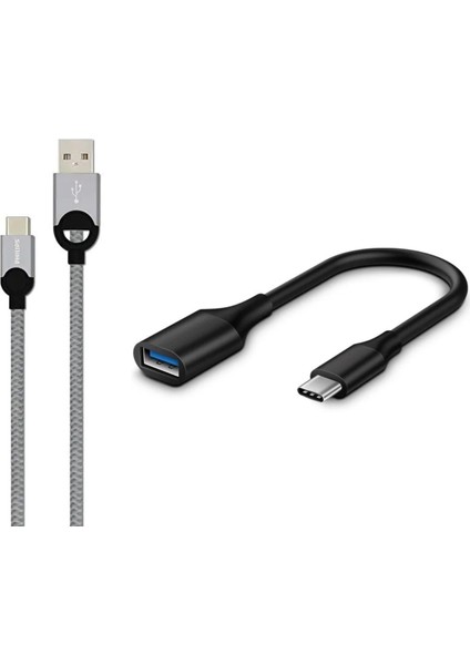 5A 100W Usba To Type-C Örgülü 1.2m Hızlı Şarj ve Data Kablosu Gri + Schitec Type-C To Usba 3.0 Otg Dönüştürücü Adaptör
