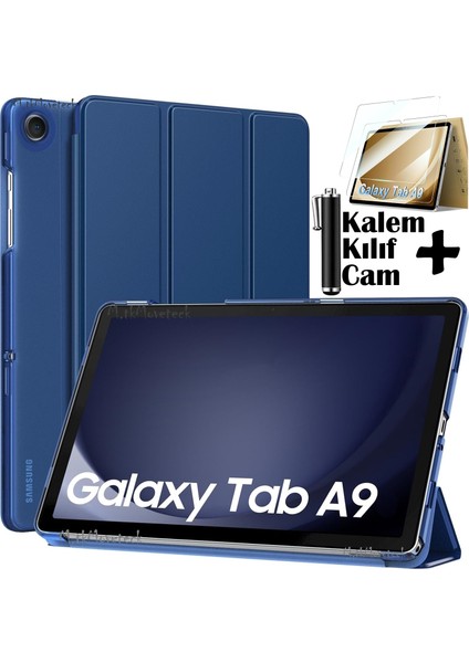 Samsung Galaxy Tab A9 8.7 Inç Tablet Kılıfı Akıllı Smart Uyku Modlu Katlanabilir Arkası Şeffaf Standlı Kılıf + Cam + Kalem 3'lü Set SM-X110 X113 X115 X117