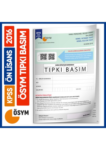 2016 KPSS Ön Lisans ÖSYM Çıkmış Soru Tıpkı Basım Kitapçığı