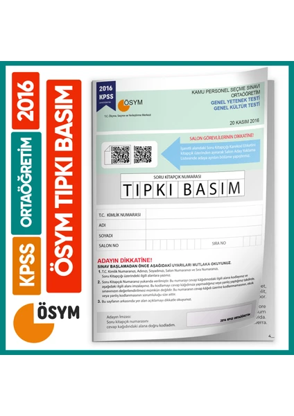 Karakutu Yayınları 2016 KPSS Ortaöğretim Lise ÖSYM Çıkmış Soru Tıpkı Basım Kitapçığı