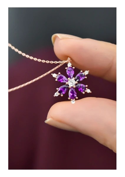 Yleaf 925 Ayar Gümüş Zincirli Ametist Taşlı Rose Kaplama Lotus Kamelya Çiçeği Kolye fiyatları