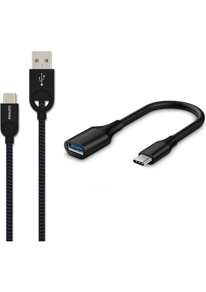 5A 100W Usba To Type-C Örgülü 1.2m Hızlı Şarj ve Data Kablosu Siyah + Schitec Type-C To Usba 3.1 Otg Dönüştürücü Adaptör