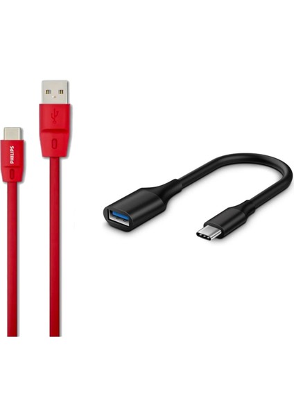 5A 100W Usba To Type-C 1.8 M Hızlı Şarj ve Data Kablosu Kırmızı + Schitec Type-C To Usba 3.1 Otg Dönüştürücü Adaptör