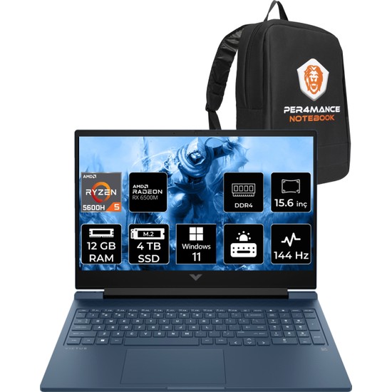 HP Victus 15 AMD Ryzen 5 5600H 12GB 2TB SSD + 2TB SSD RX6500M 144Hz 15.6'' FHD W11P Taşınabilir Bilgisayar & PER4 Çanta 7N9G7EAPN440