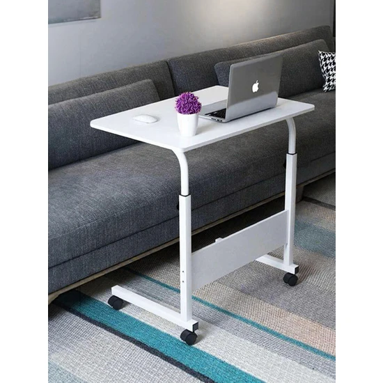 SC Yükseklik Ayarlı Laptop Sehpası ve Çalışma Masası - Beyaz (Tekerli) Oval Kenar - 70X40
