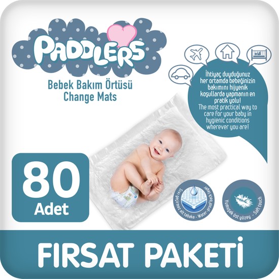 Paddlers Bebek Bakım Örtüsü 60x60 cm 80 Adet (8x10) Alt Açma Bezi, Yatak Koruyucu - Sıvı Geçirmez