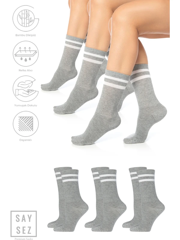 Saysez Bambu Unisex Tenis Kolej Çizgili Premium Dikişsiz Soket Çorap 3'lü Paket / Spor - Günlük Kullanım