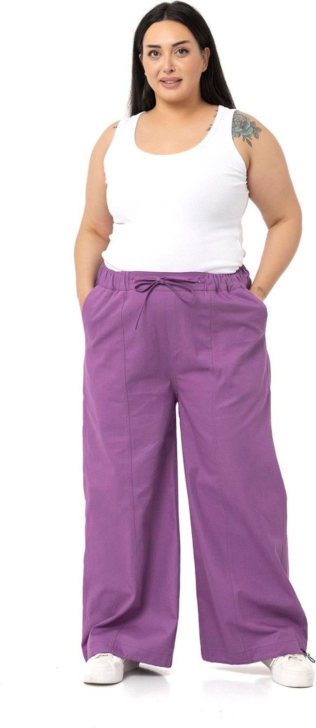 Disentis Modest Büyük Beden Geniş Paça Gabardin Mor Pantolon görsel 2