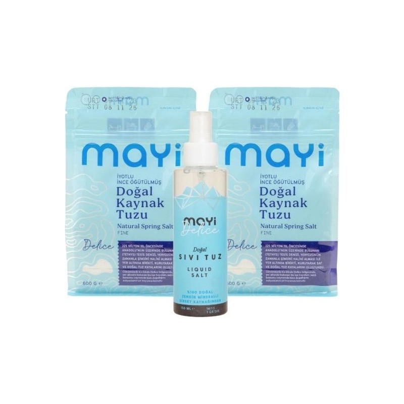 Mayi Tuz 2'li 600 gr İyotlu İnce Öğütülmüş Kaynak Tuzu ve 150 ml Sade Tuz Paketi Türkiye Menşeli