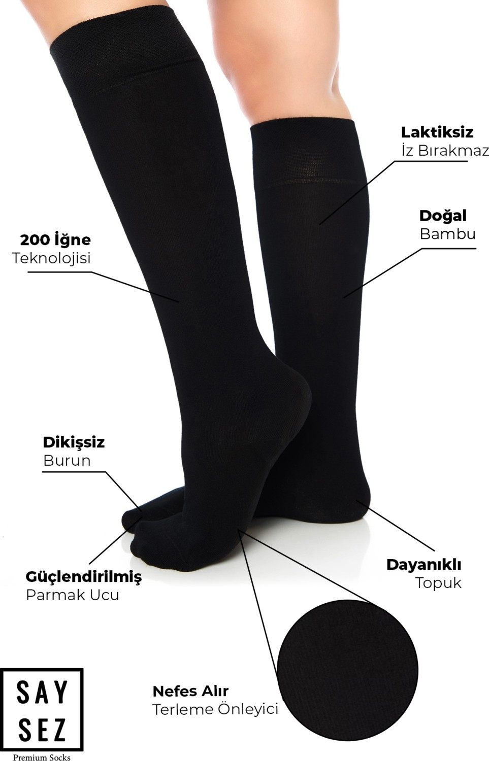 Saysez Bambu Kadın Dizaltı Premium Düz Renk Yumuşak Uzun Dikişsiz Çorap 3'lü Paket / Teni Göstermeyen Çorap görsel 2