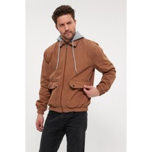Damga Unisex Trenddenim Jean Rahat Fermuarlı Kapşonlu Kot Ceket  Kahverengi
