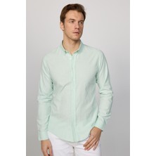 Tudors Slim Fit Uzun Kol Biyeli Yaka Düğmeli Keten Mint Erkek Gömlek