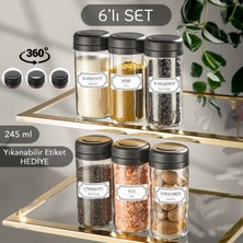 Meleni Home 6 Adet Etiketli Cam Baharat Takımı - Döner Kapaklı Kavanoz Baharatlık Seti Tuzluk Biberlik 6X245 ml