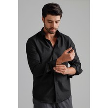 Alenmeza Erkek Siyah Kışlık Melanj Oduncu Casual Düğmeli Yaka Cepsiz Modern Fit Gömlek