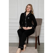 Bie's Kadın Beyaz Biyeli Gömlek Yaka Önden Düğmeli Cepli Uzun Kol Mevsimlik Pamuk Likra Pijama Takım