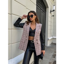 Ouz Fashion Kadın Kruvaze Kapamalı Tüvit Kumaşlı Deri Kol Garnili Blazer Ceket