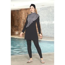 Hazelin Kadın Tesettür Siyah Uzun Kollu Boneli Tam Kapalı Önü Fırfırlı Taytlı Elbise Mayo HZL24S-AR1262-01
