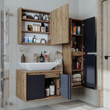 Banos Banyo Roomart tm7.3 Lavabolu Ahşap-Antrasit Mdf 65 cm Banyo Dolabı+Aynalı Banyo Üst Dolap+Banyo Boy Dolabı