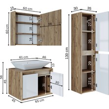 Banos Banyo Roomart tm7.3 Lavabolu Ahşap-Mat Beyaz Mdf 65 cm Banyo Dolabı+Aynalı Banyo Üst Dolap+Banyo Boy Dolabı