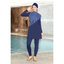 Hazelin Kadın Tesettür Lacivert Uzun Kollu Tam Kapalı Önü Fırfırlı Taytlı Elbise Mayo HZL24S-AR1262-02