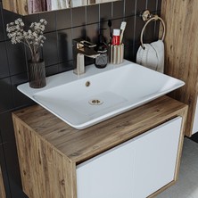 Banos Banyo Roomart Tm7.2 Ayaksız 2 Kapaklı Lavabolu Ahşap-Mat Beyaz Mdf 65 cm Banyo Dolabı + Aynalı Banyo Üst Dolabı