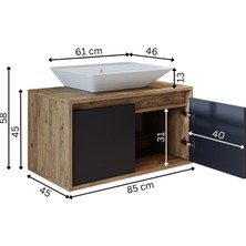 Banos Banyo Roomart Ld7 Ayaksız 2 Kapaklı Lavabolu Ahşap-Antrasit Mdf 85 cm Banyo Dolabı BANOS1706