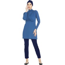 Hazelin Kadın Tesettür Petrol Mavisi Uzun Kollu Tam Kapalı Taytlı Likralı Elbise Mayo HZL24S-AR1285-29