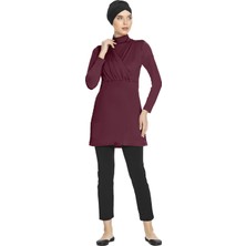 Hazelin Kadın Tesettür  Bordo Uzun Kollu Boneli Tam Kapalı Taytlı Likralı Elbise Mayo HZL24S-AR1285-09
