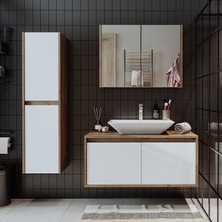 Banos Banyo Roomart tm7.3 Lavabolu Ahşap-Mat Beyaz Mdf 100 cm Banyo Dolabı+Aynalı Banyo Üst Dolap+Banyo Boy Dolabı