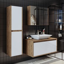 Banos Banyo Roomart tm7.3 Lavabolu Ahşap-Mat Beyaz Mdf 100 cm Banyo Dolabı+Aynalı Banyo Üst Dolap+Banyo Boy Dolabı